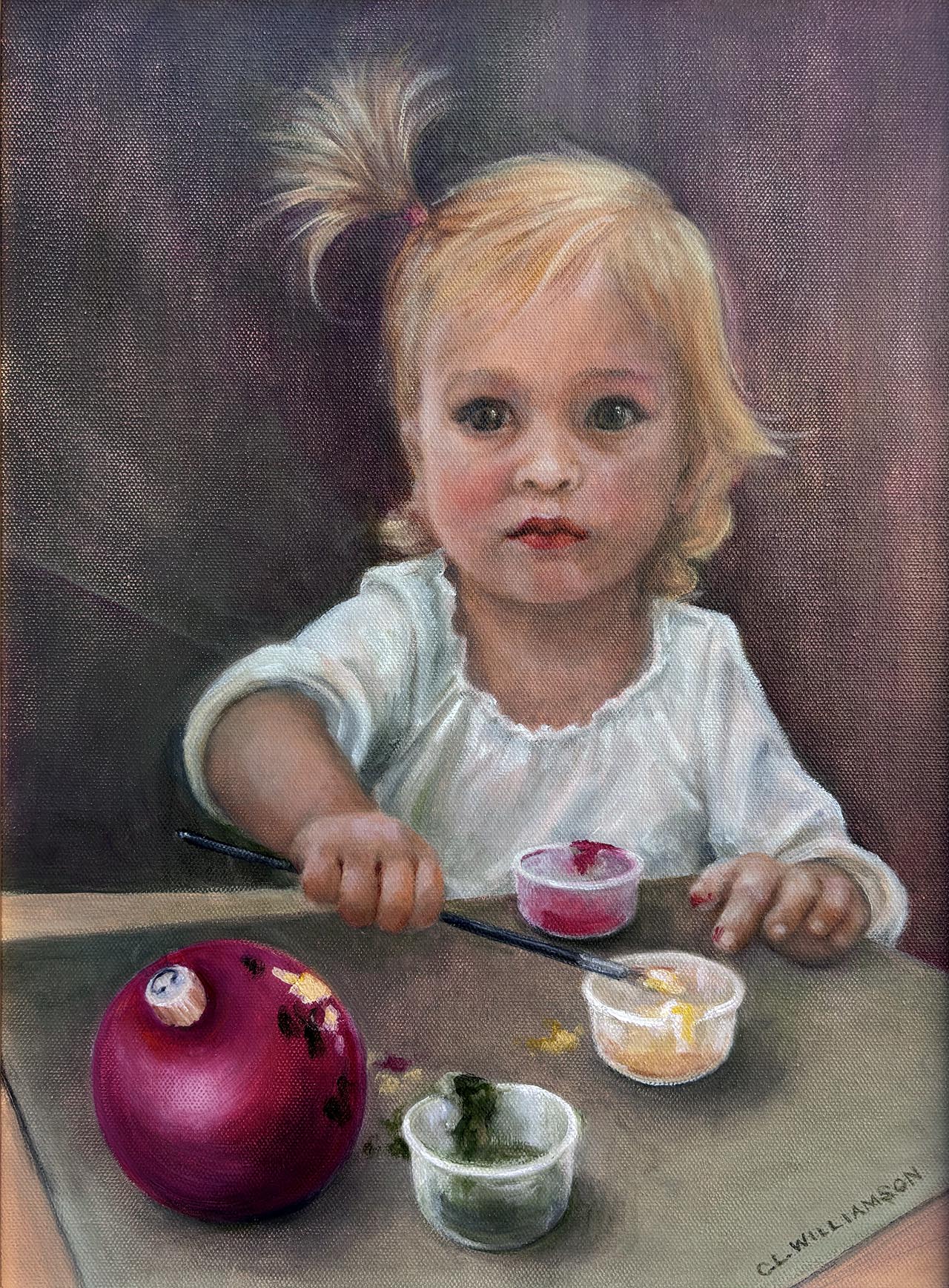 Oil painting of young girl painting holiday ornaments.. Painted by Carol Williamson.
