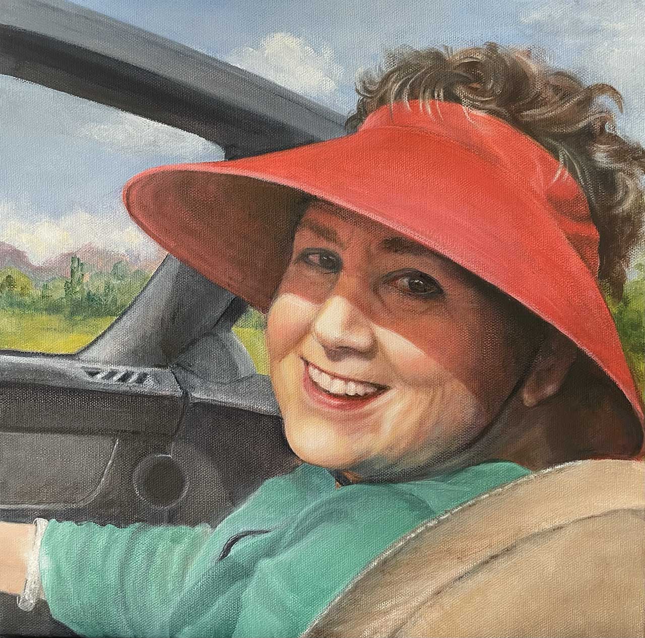 Oil painting of a woman wearing a red hat in a convertible in Hawaii.. Painted by Carol Williamson.
