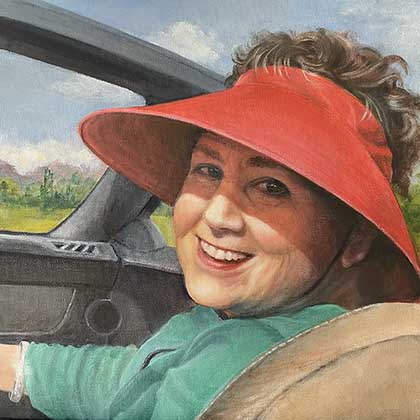 Oil painting of a woman wearing a red hat in a convertible in Hawaii.