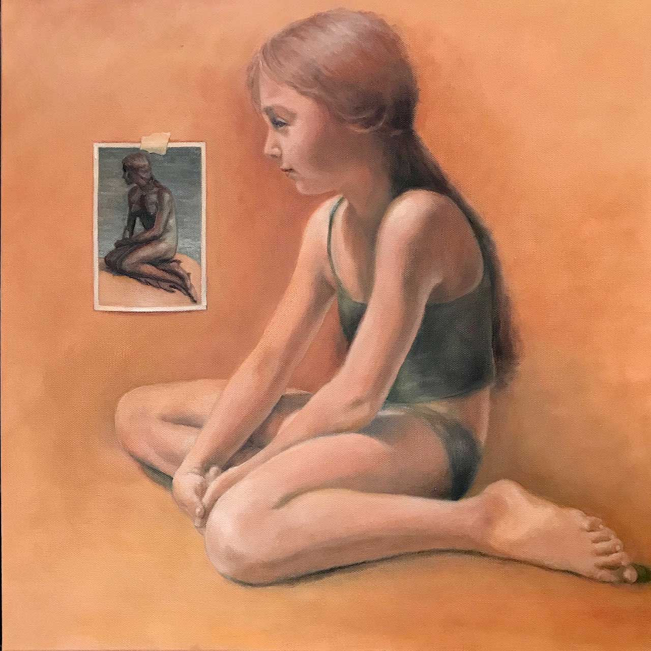 Oil painting of a young girl in a similar pose to a photo of a mermaid statue.