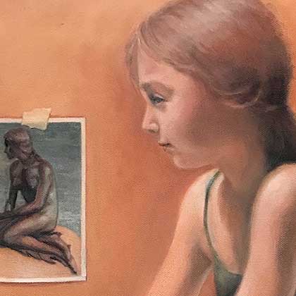 Oil painting of a young girl in a similar pose to a photo of a mermaid statue.