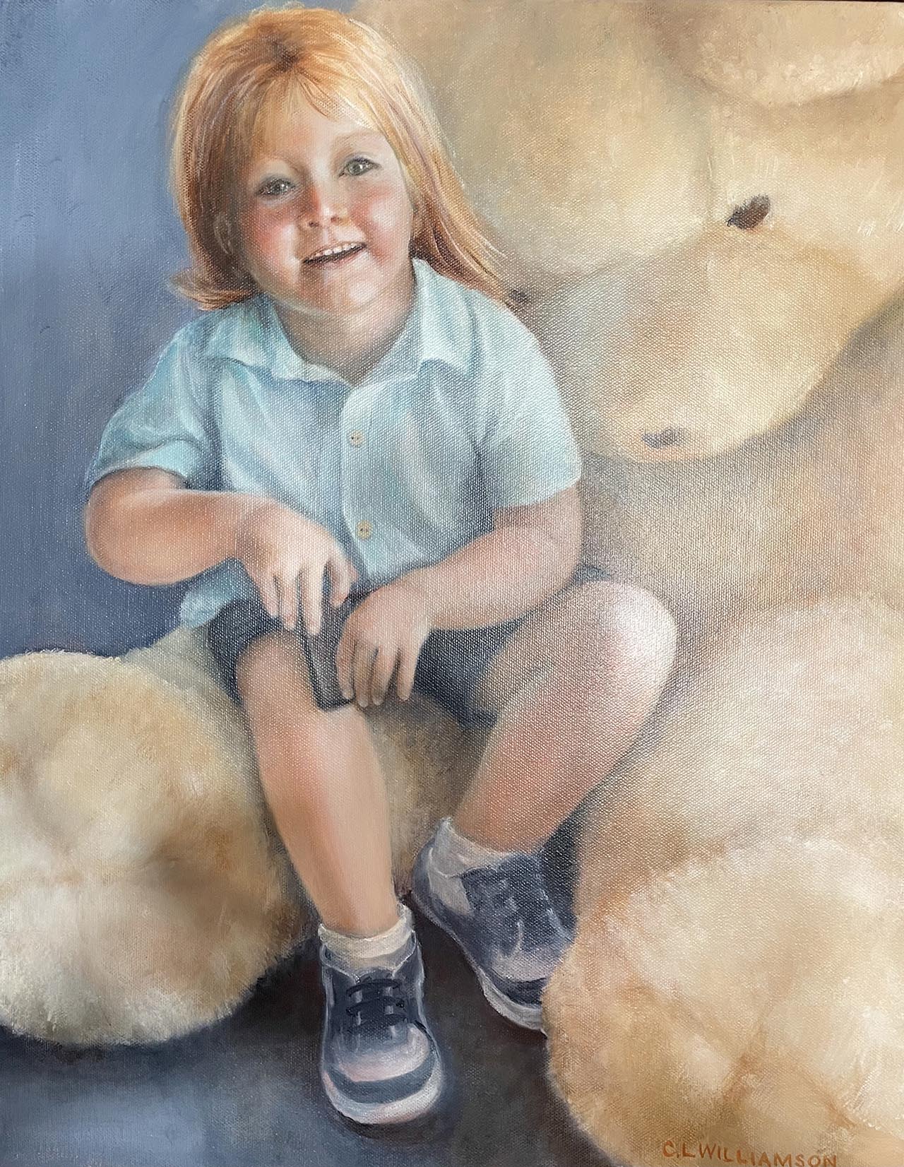Oil painting of young child sitting with a giant stuffed teddy bear.. Painted by Carol Williamson.