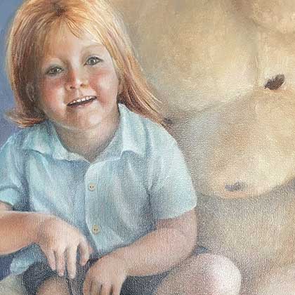 Oil painting of young child sitting with a giant stuffed teddy bear.
