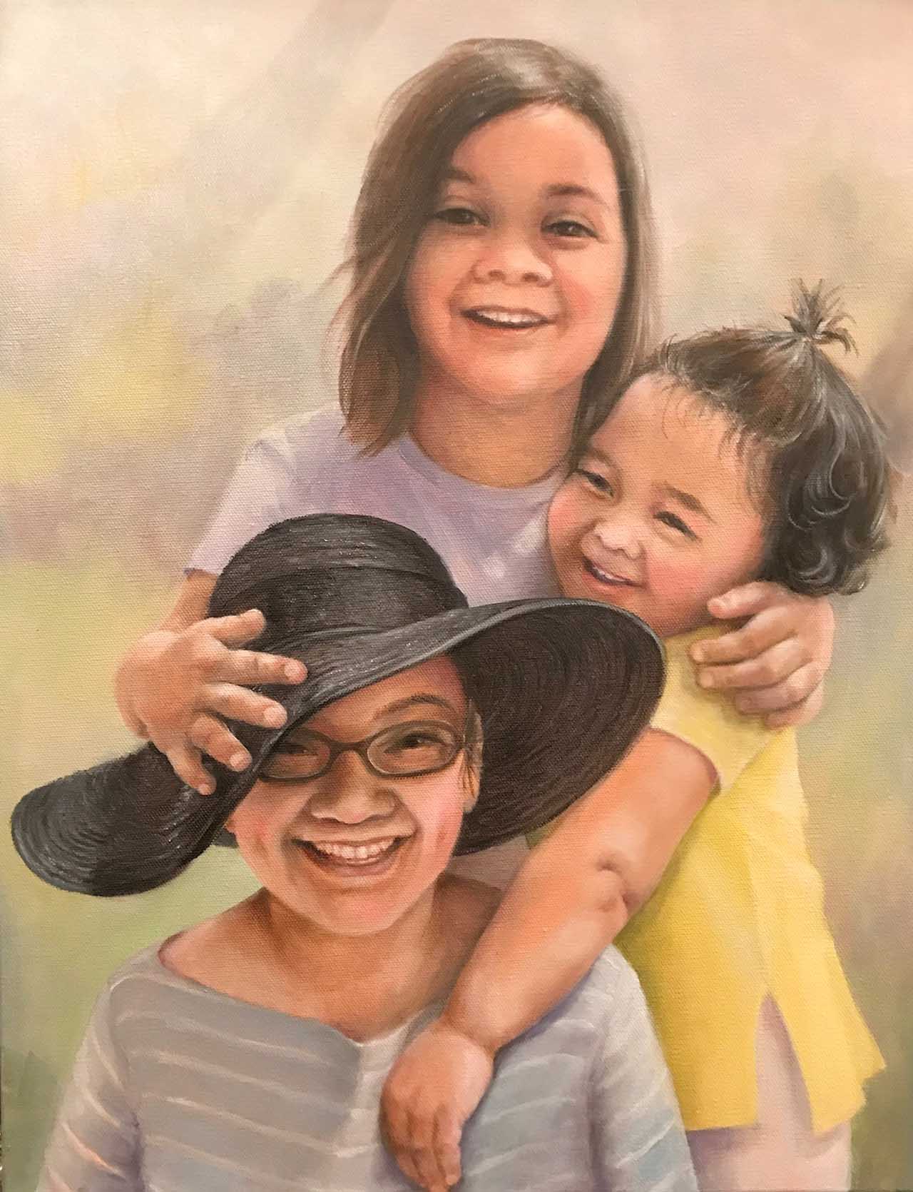 Oil painting of a mother standing in front of her two daughters.. Painted by Carol Williamson.