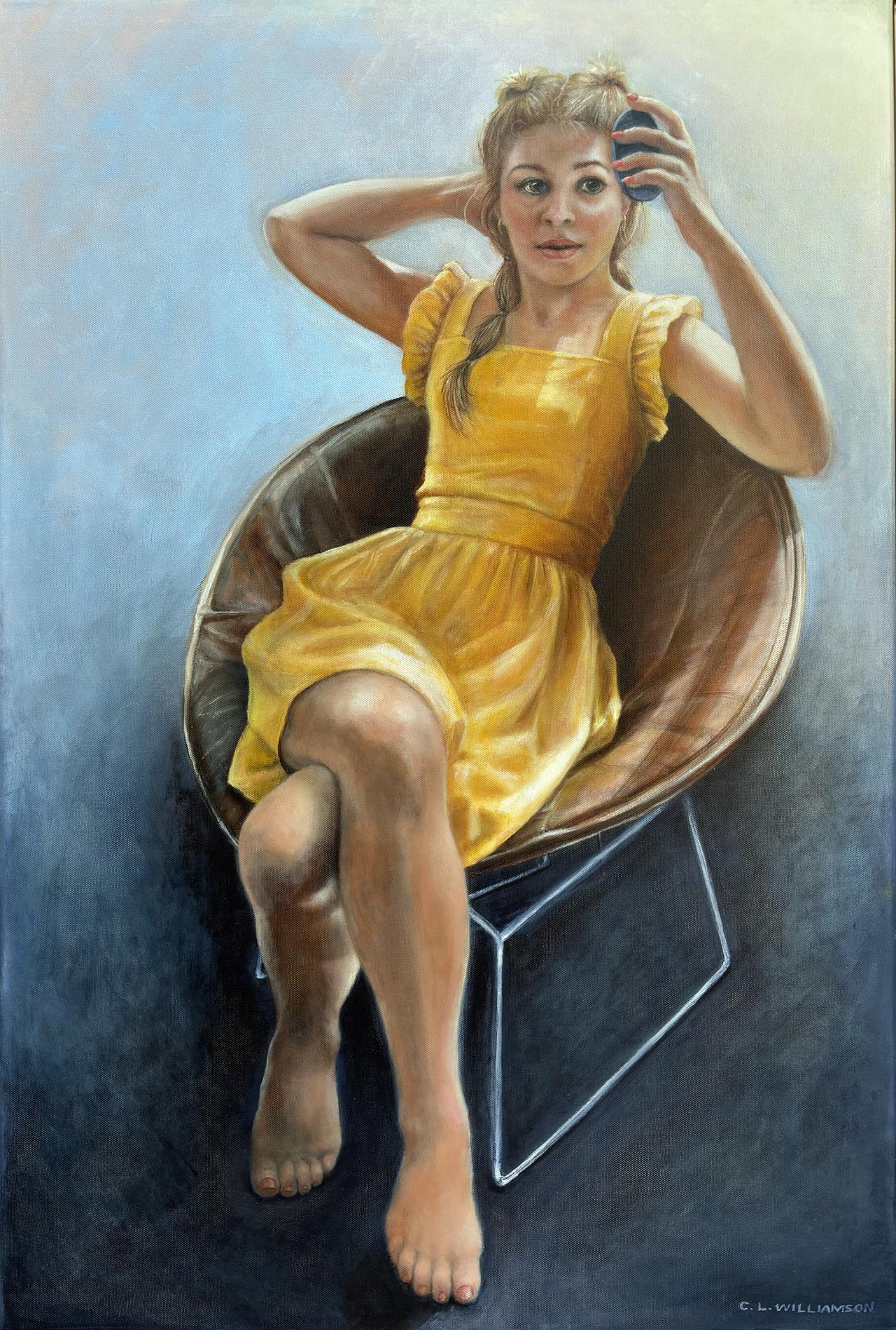 Oil painting of a seated young woman wearing a yellow dress and looking at her reflection in a hand mirror.. Painted by Carol Williamson.