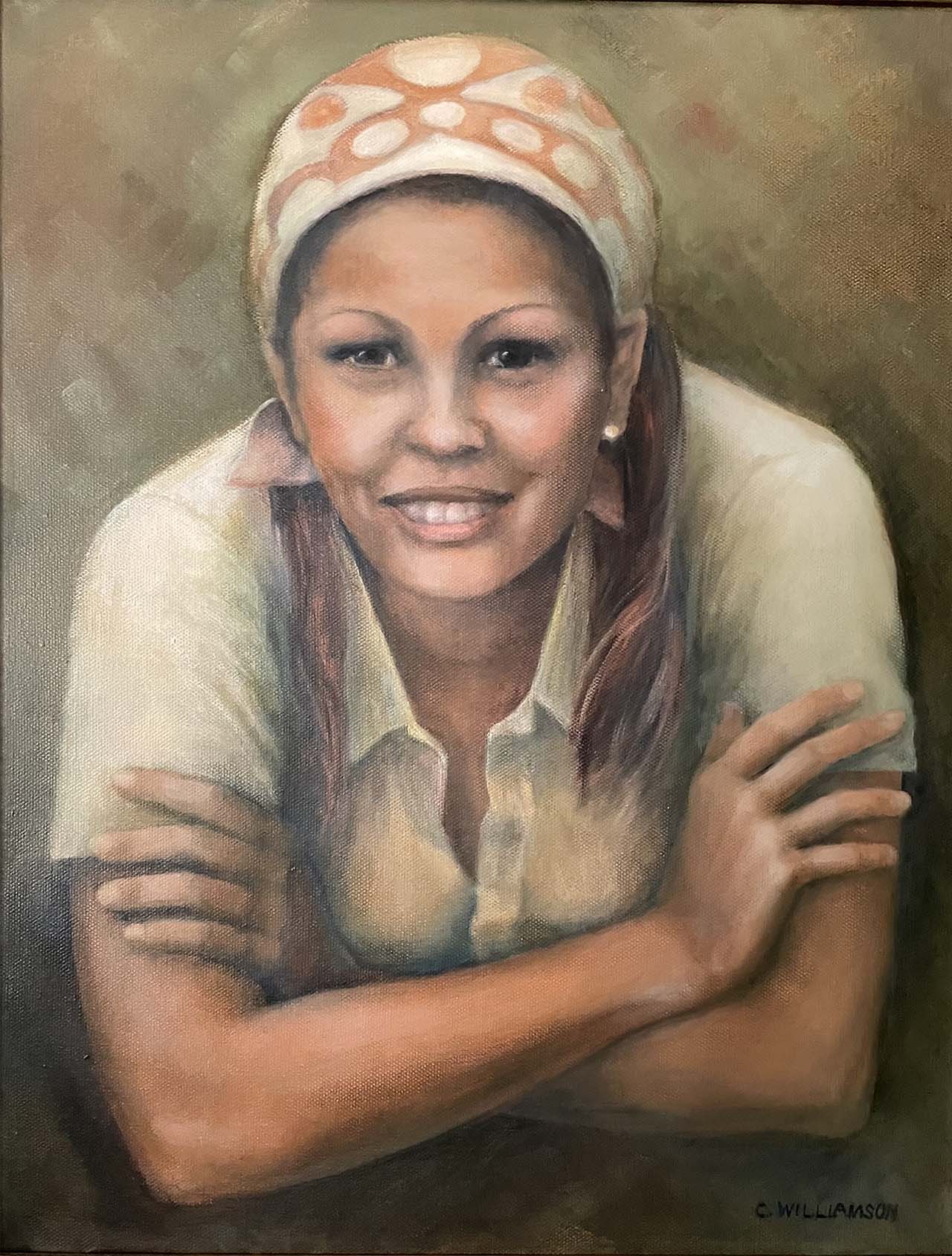 Oil painting portrait of a woman wearing a scarf.. Painted by Carol Williamson.