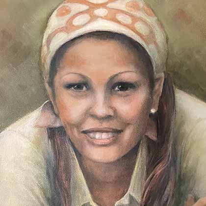 Oil painting portrait of a woman wearing a scarf.