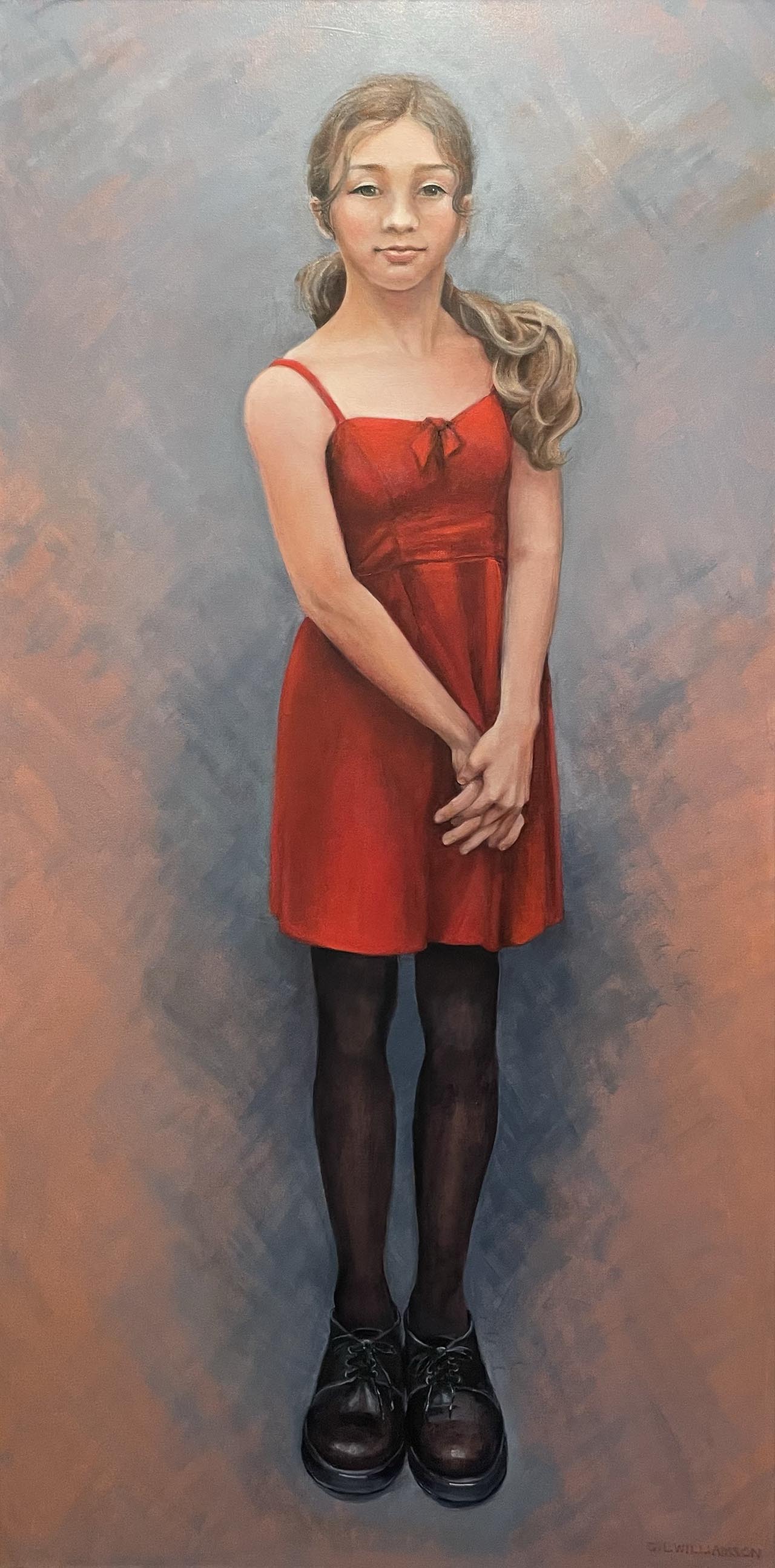 Oil painting of a young woman wearing a red dress a black boots.. Painted by Carol Williamson.