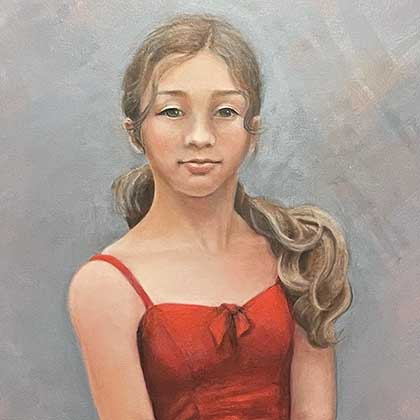 Oil painting of a young woman wearing a red dress a black boots.