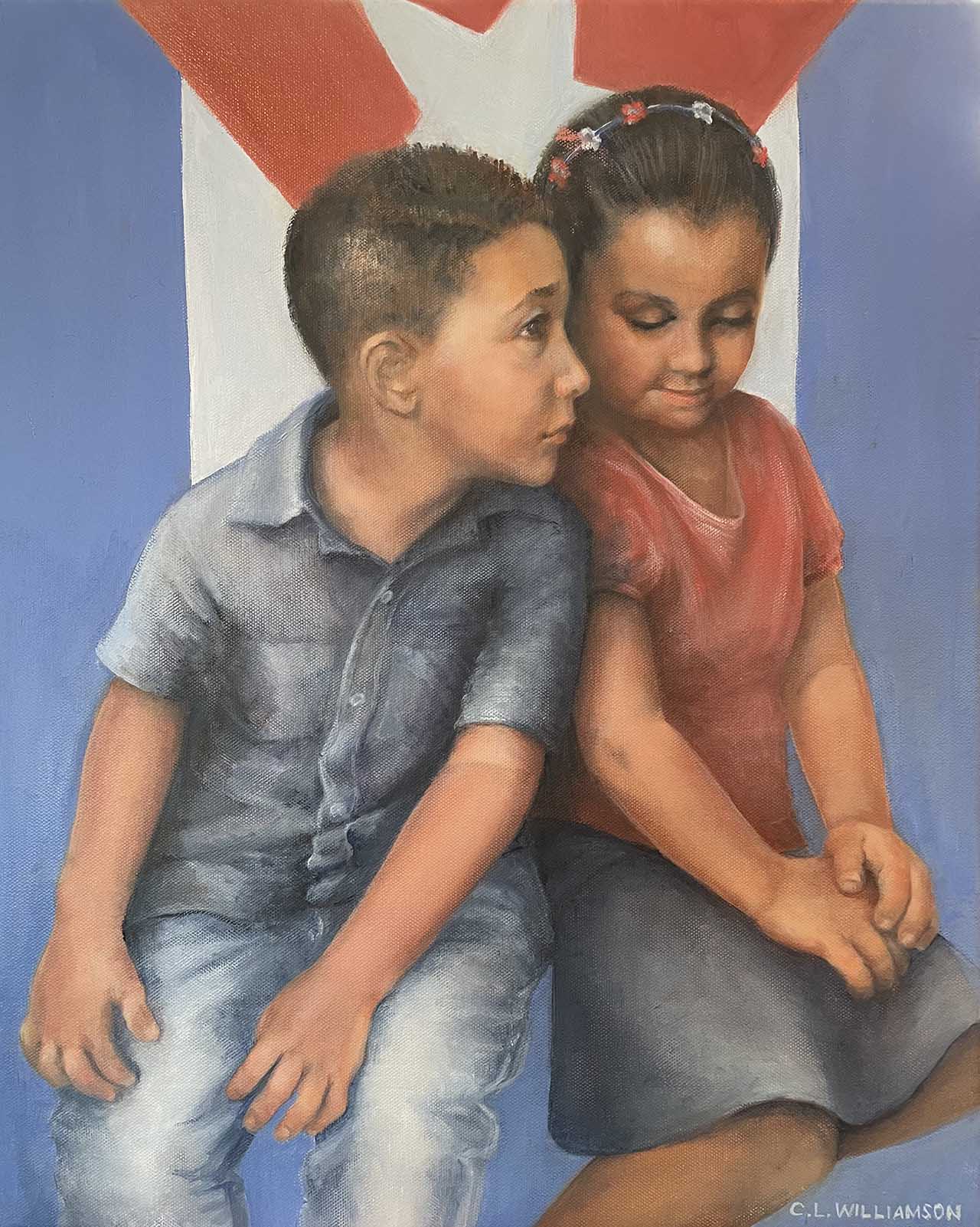 Oil painting of a young boy sitting next to a young girl in front of a Cuban flag.. Painted by Carol Williamson.