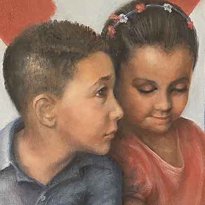 Oil painting of a young boy sitting next to a young girl in front of a Cuban flag.