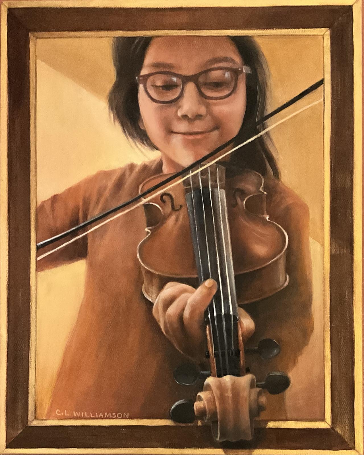 Oil painting of young girl playing violin.. Painted by Carol Williamson.