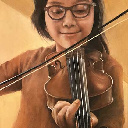 Oil painting of young girl playing violin.