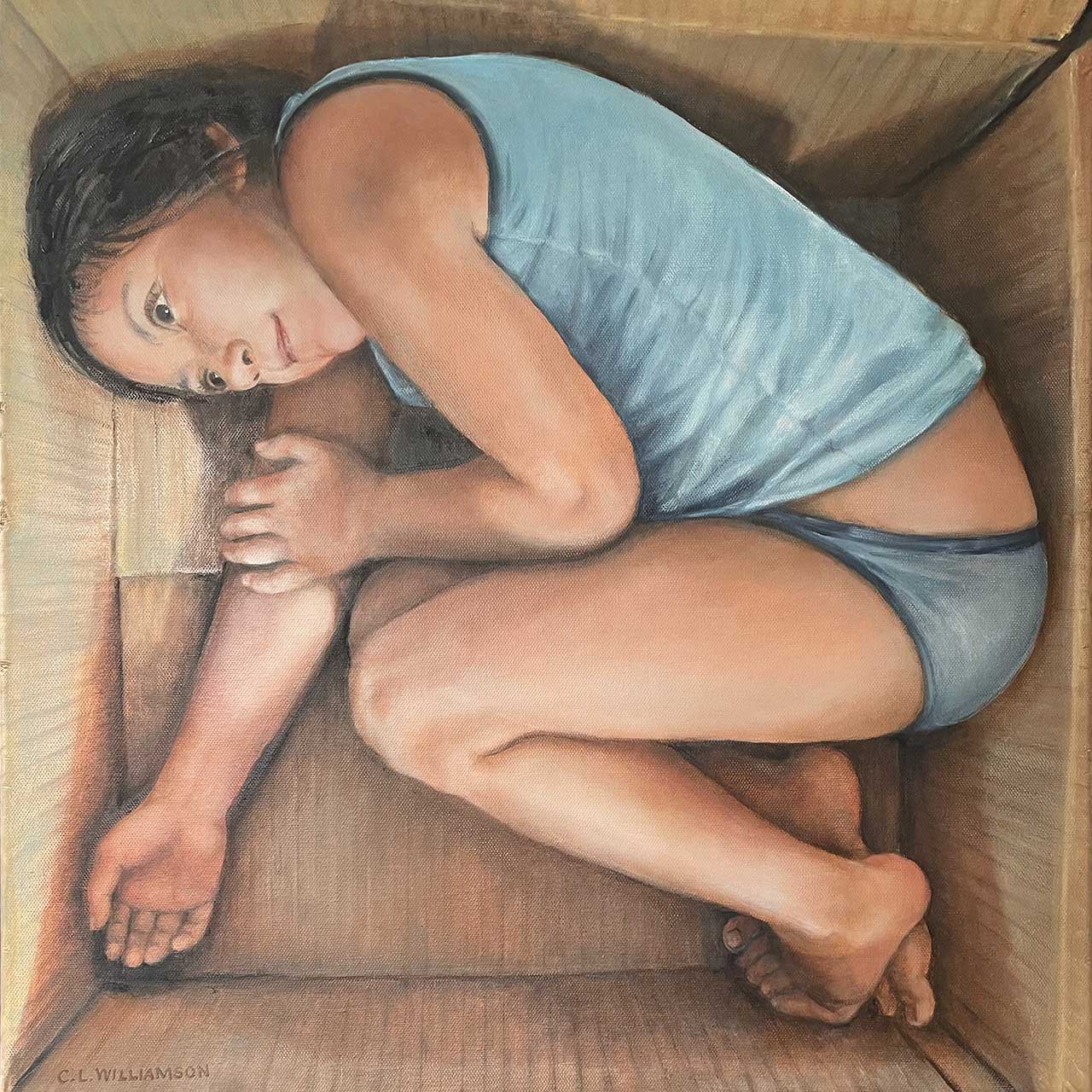 Oil painting of a girl curled up in a cardboard box.
