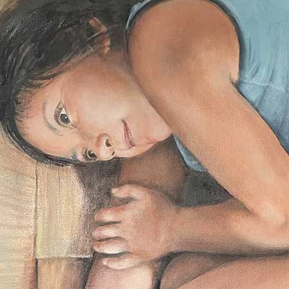 Oil painting of a girl curled up in a cardboard box.