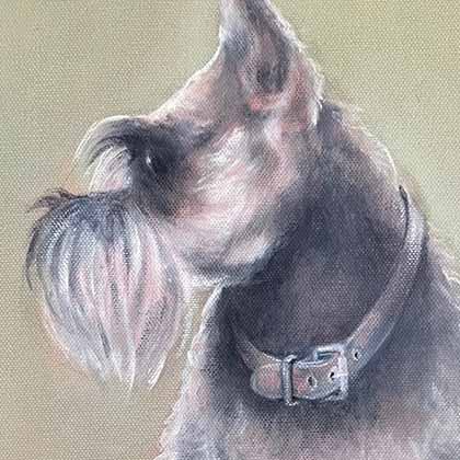Oil painting of a schnauzer.